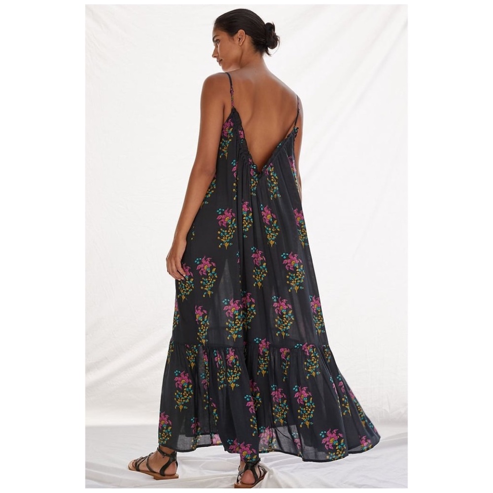 SOLD Anthropologie Flounced Maxi Lounge Dress Black Motif Floral - Picture 3 of 15